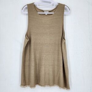 J. Jill Linen Rayon Sleeveless Knit Top L Tan Beige Macadamia Fringed Hem